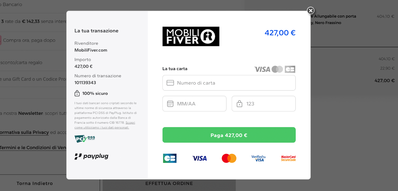 La pagina di pagamento pop-up di Mobili Fiver.